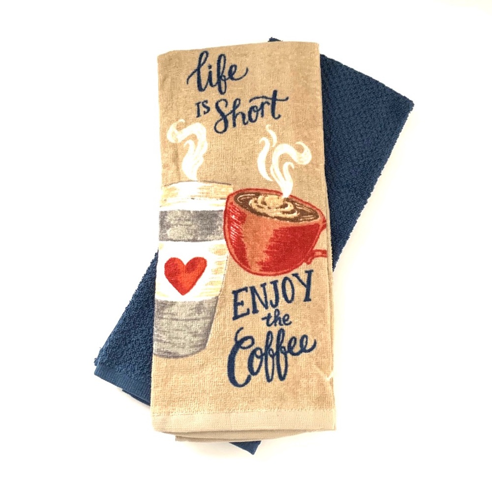 Enjoy the Coffee! NWOT Navy and Beige tee towels